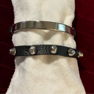 Silvertone  and Black leather Bracelet.